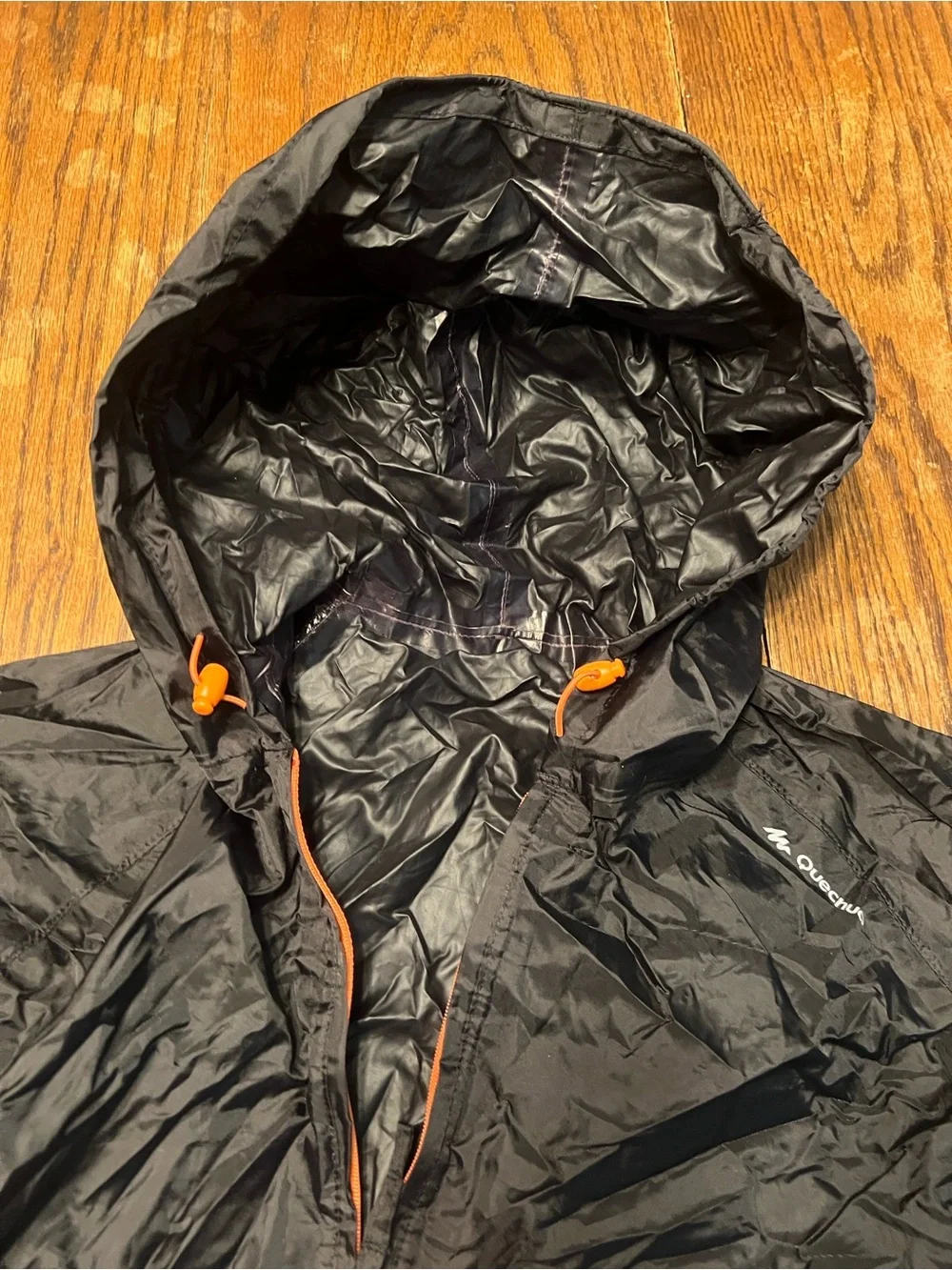 Quechua Packable Black Hooded Rain Anorak with Orange Drawcords
